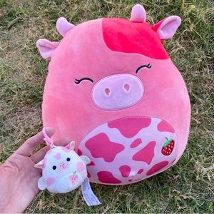 One of a kind Squishmallow bundle Calynda & custom pink strawberry sea cow clip